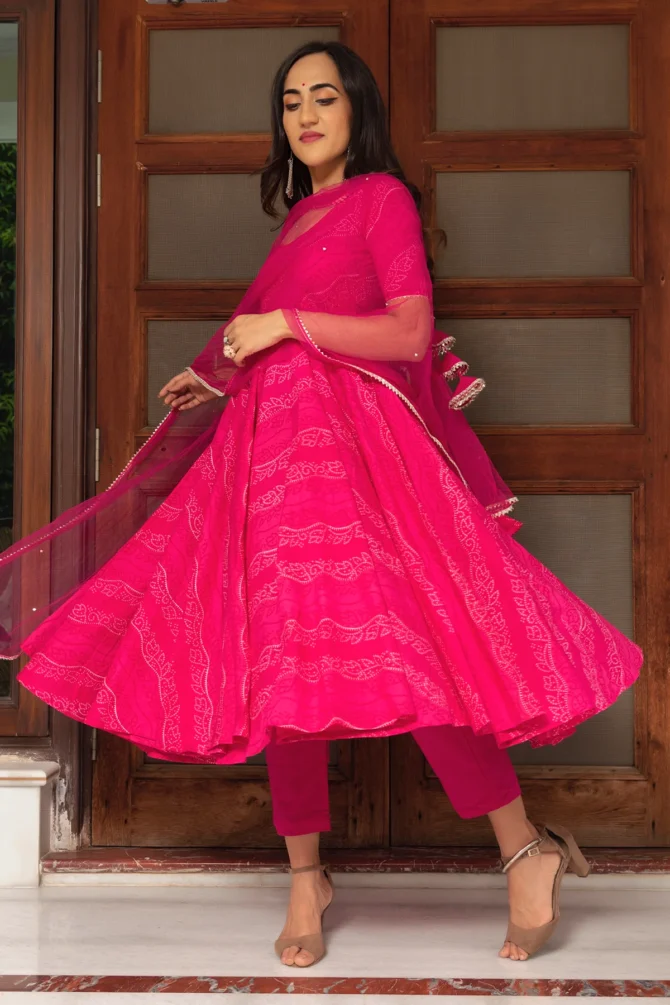Pink Cotton Hand Block Anarkali Set - Image 2