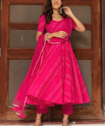 Pink Cotton Hand Block Anarkali Set