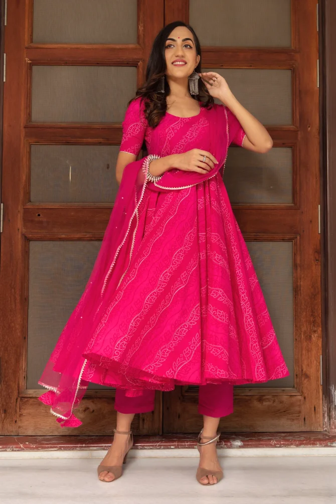 Pink Cotton Hand Block Anarkali Set