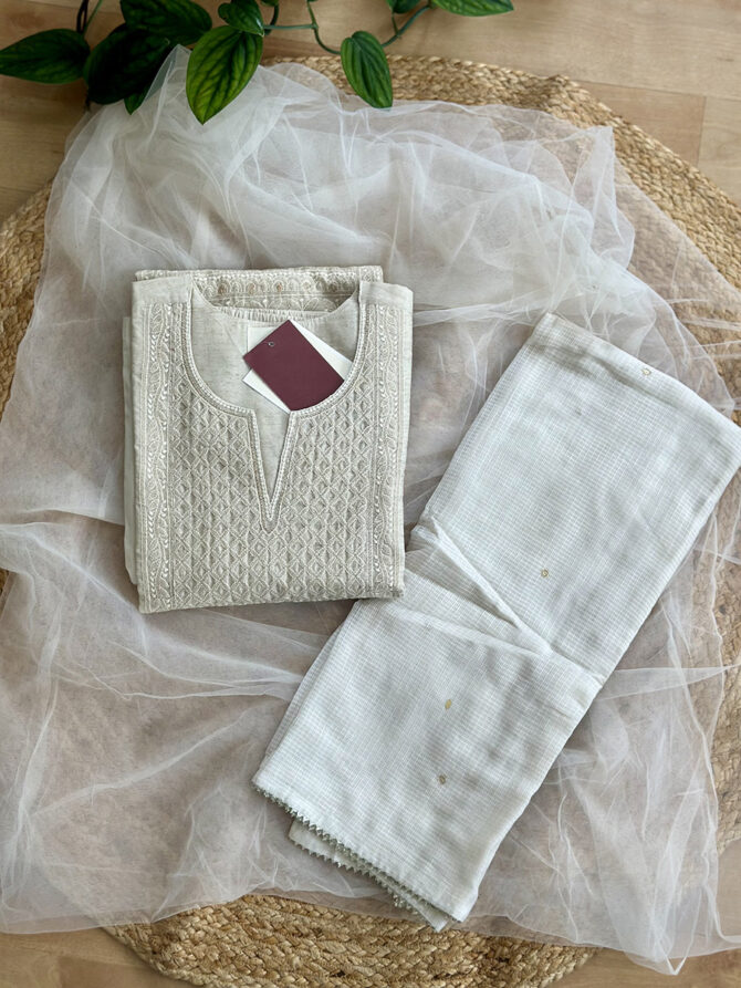 Lucknowi Embroidered Cream Kurta Set - Image 5