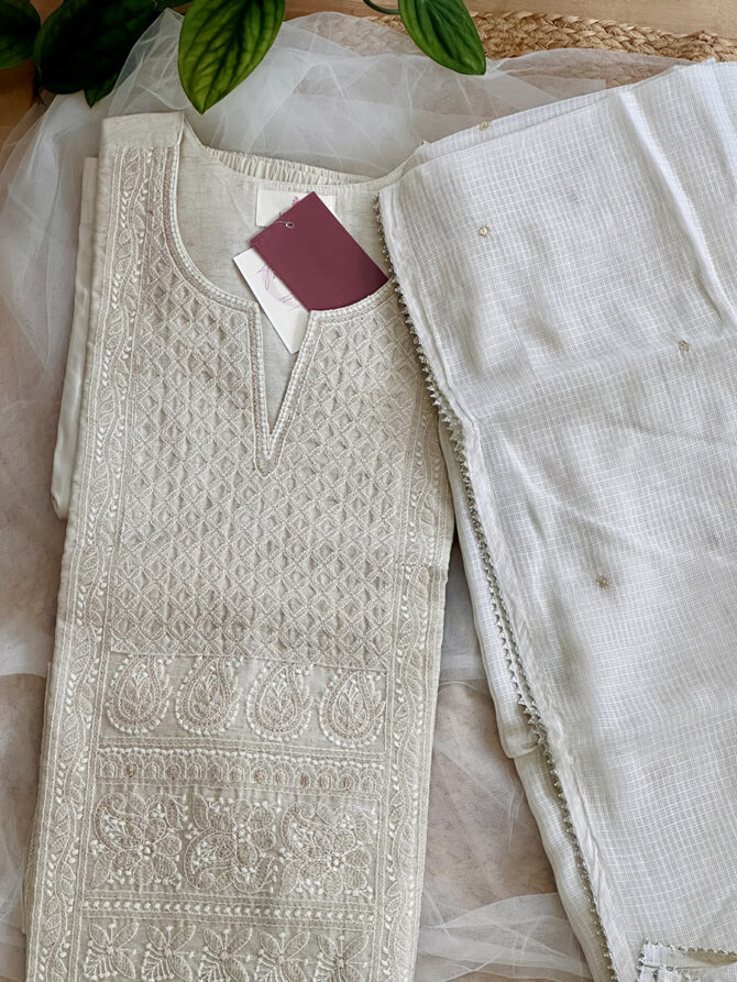 Lucknowi Embroidered Cream Kurta Set - Image 4