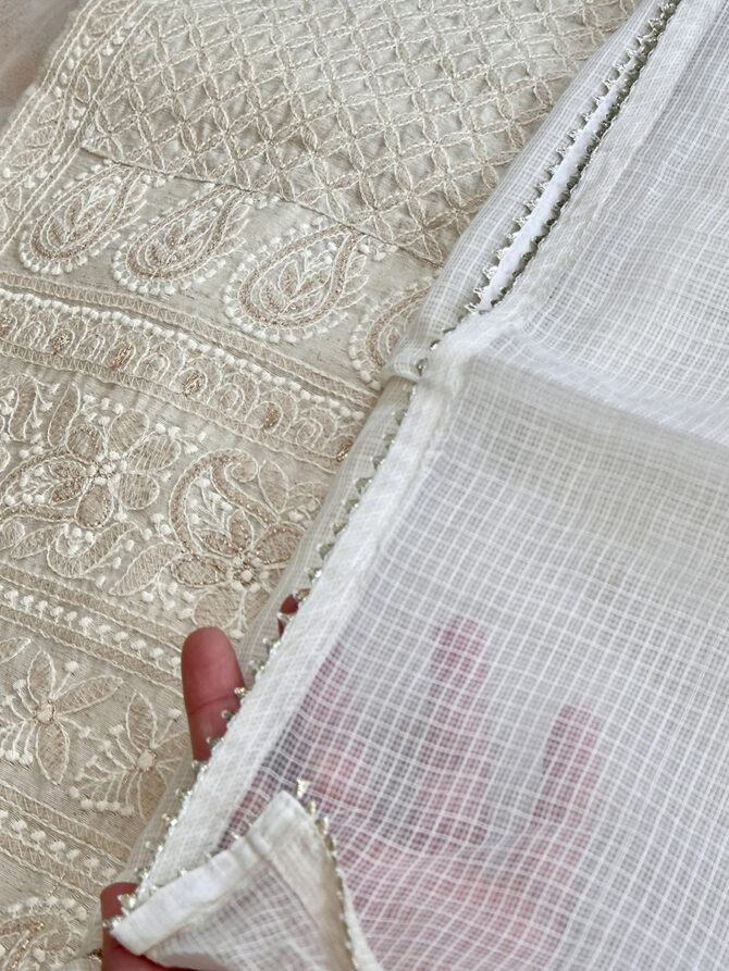 Lucknowi Embroidered Cream Kurta Set - Image 2