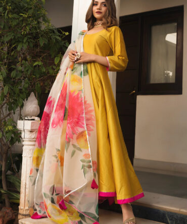 Yellow Anarkali With Organza Dupatta