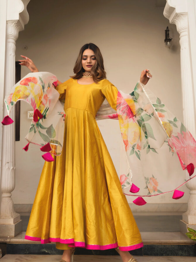 Yellow Anarkali With Organza Dupatta - Image 2