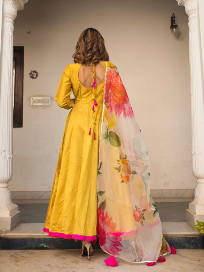 Yellow Anarkali With Organza Dupatta - Image 3