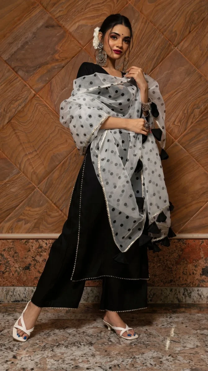 Black Rayon Kurta Suit Set With Organza Dupatta - Image 6