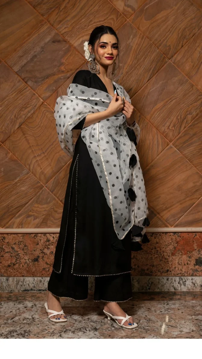 Black Rayon Kurta Suit Set With Organza Dupatta - Image 3