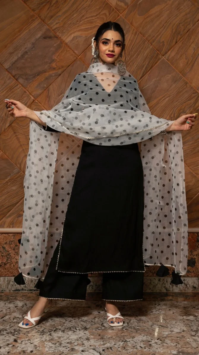 Black Rayon Kurta Suit Set With Organza Dupatta