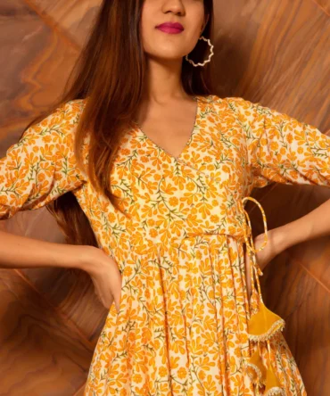 Yellow Leaf Cotton Angrakha Set