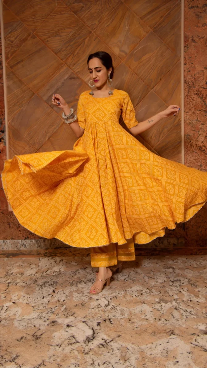Bandhej Yellow Cotton Anarkali Set - Image 2
