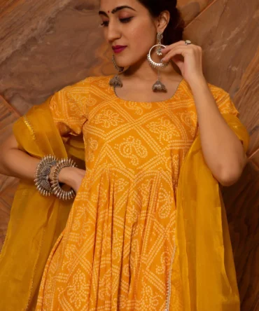 Bandhej Yellow Cotton Anarkali Set