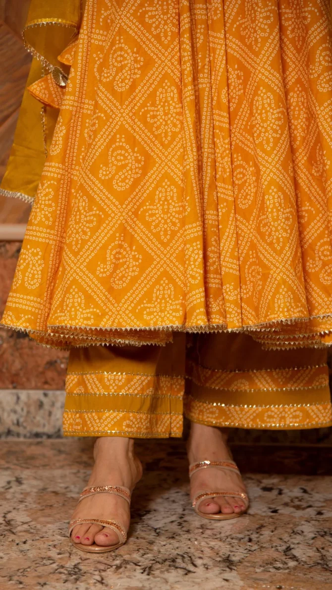 Bandhej Yellow Cotton Anarkali Set - Image 3