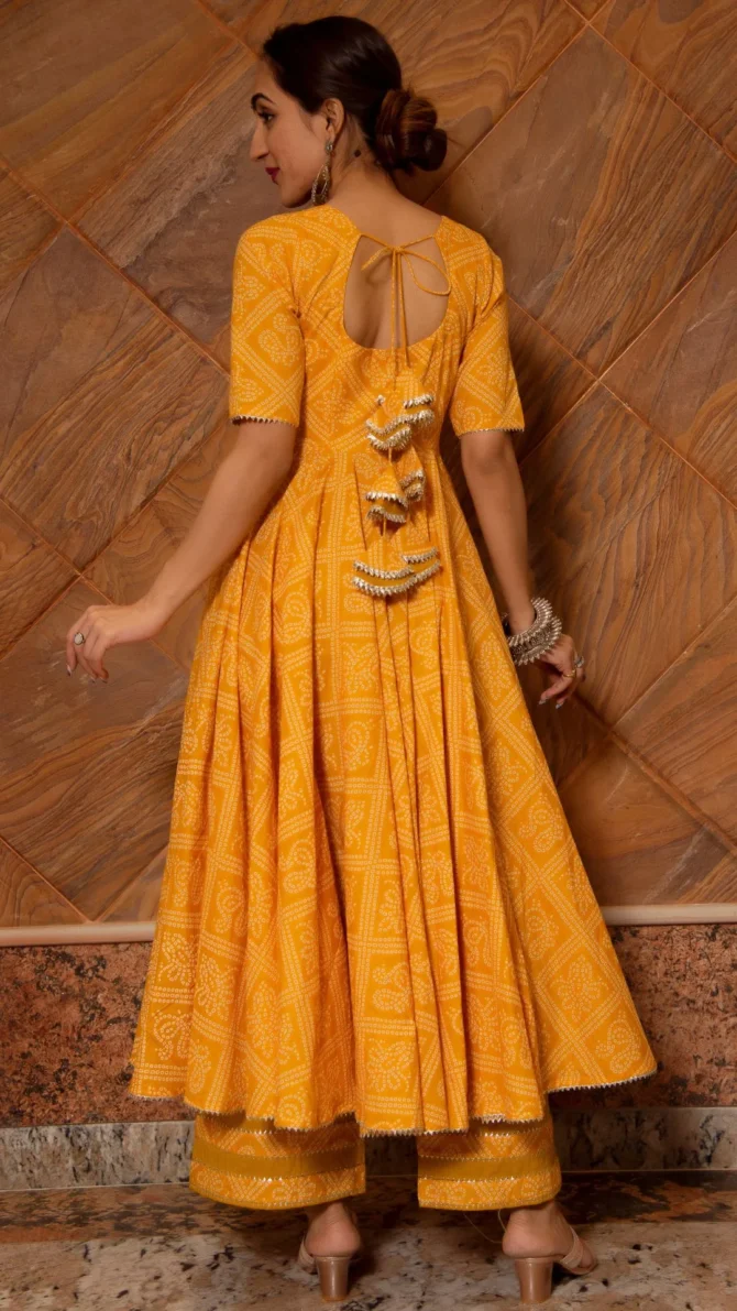 Bandhej Yellow Cotton Anarkali Set - Image 4