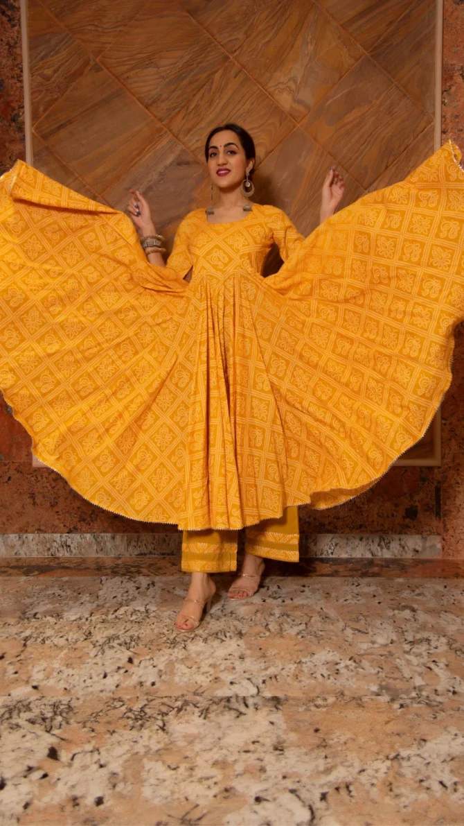 Bandhej Yellow Cotton Anarkali Set - Image 5