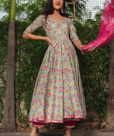 Hand Block Cotton Anarkali Set With Soft Net Dupatta