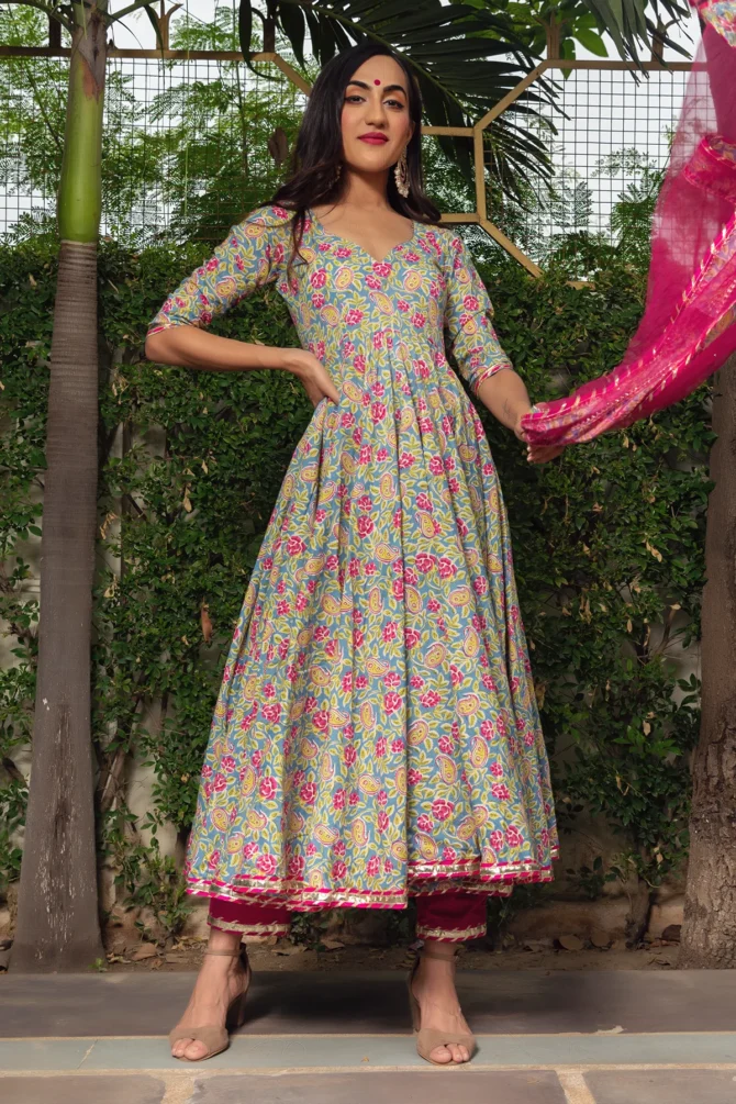Hand Block Cotton Anarkali Set With Soft Net Dupatta
