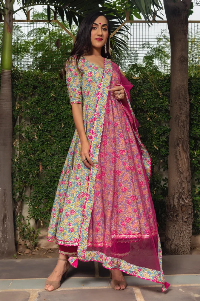 Hand Block Cotton Anarkali Set With Soft Net Dupatta - Image 5