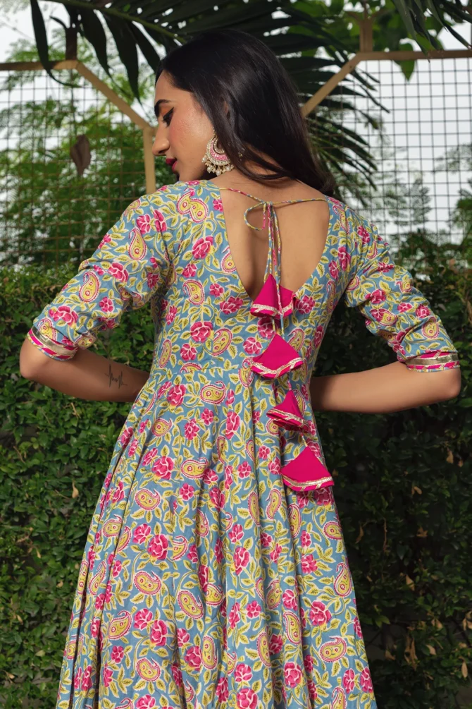 Hand Block Cotton Anarkali Set With Soft Net Dupatta - Image 4