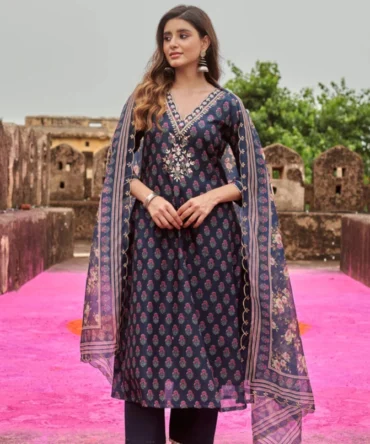 Navy Blue V-Neck Gota Patti Embroidered 3-Piece Kurta Set