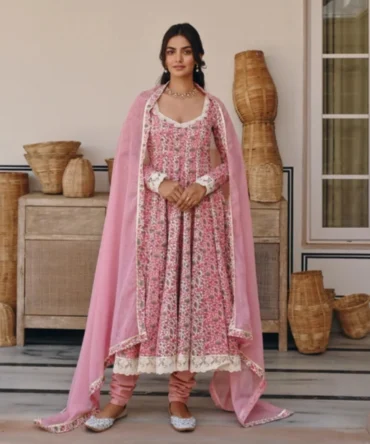 Pink and Cream Print Anarkali Set