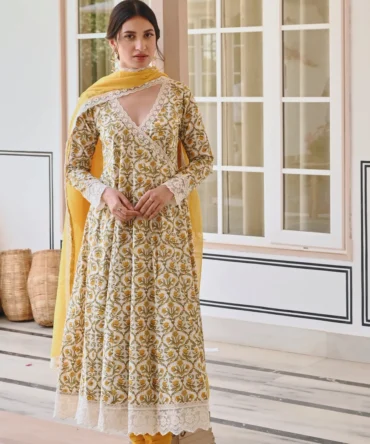 Mustard Jaal Print Angarkha Set with Yellow Pants and Lace Trim