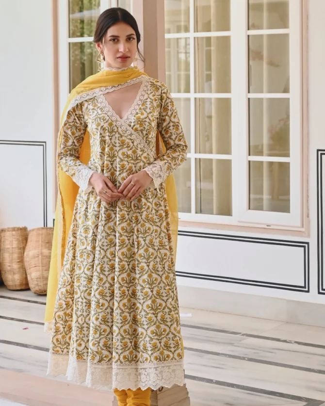 Mustard Jaal Print Angarkha Set with Yellow Pants and Lace Trim