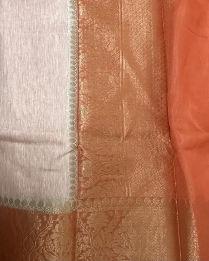 Ivory Soft Silk Saree with Orange Zari Border - Image 2