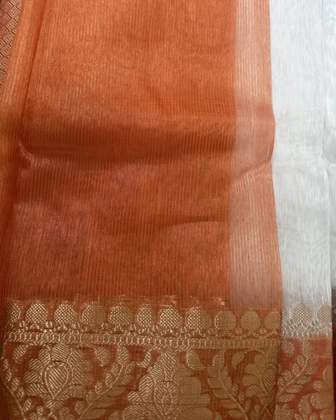 Ivory Soft Silk Saree with Orange Zari Border - Image 3