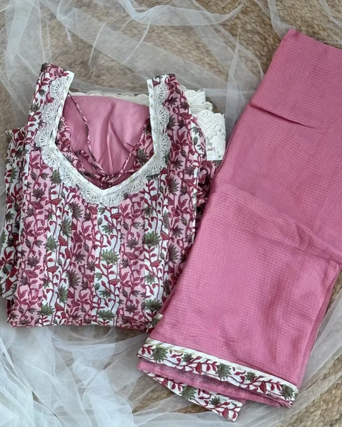 Pink and Cream Print Anarkali Set - Image 4