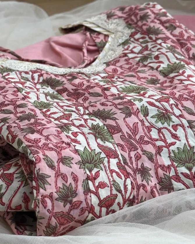 Pink and Cream Print Anarkali Set - Image 3