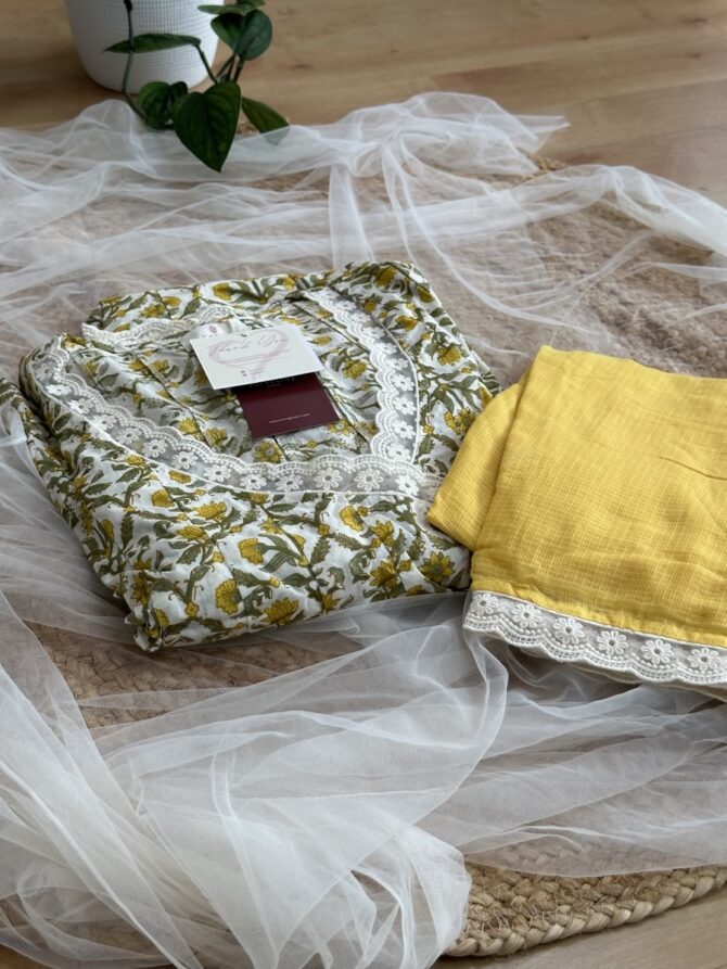 Mustard Jaal Print Angarkha Set with Yellow Pants and Lace Trim - Image 2