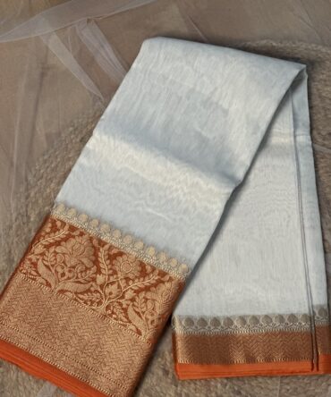 Ivory Soft Silk Saree with Orange Zari Border