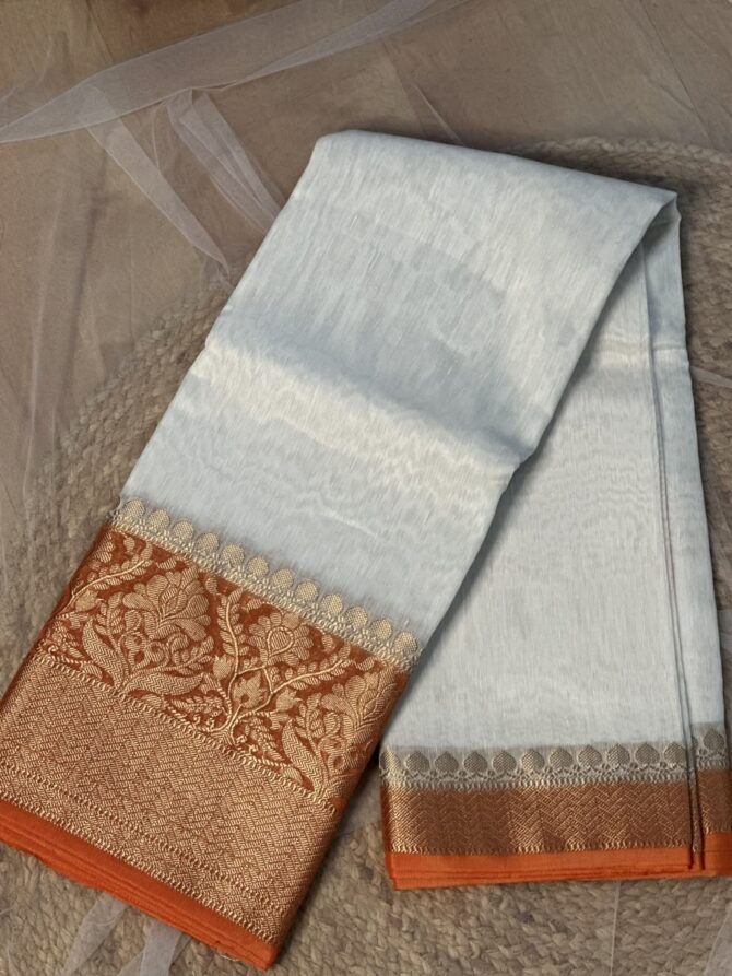 Ivory Soft Silk Saree with Orange Zari Border